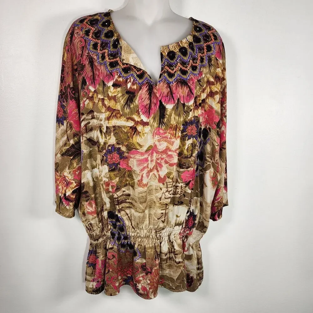 Chicos Peacock Floral Print Beaded Smocked Waist Blouse Size 3 US XL Artsy Boho